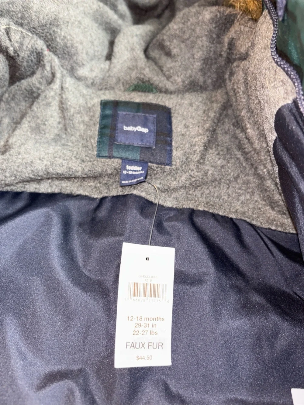 Baby Gap Plaid Puffer Jacket with Faux Fur Hood - Green/Black New!!!  993
